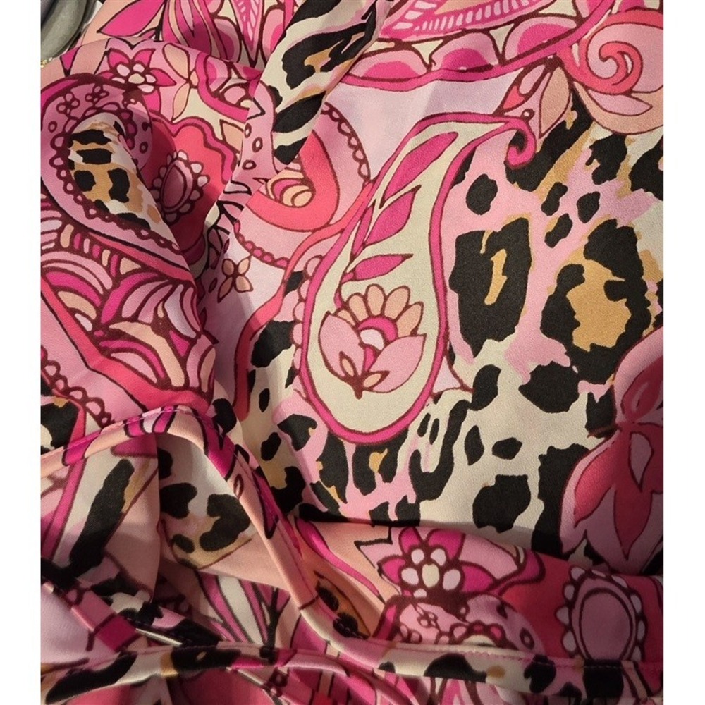 NWT Van Winkle 2X Satin Side Slit V-Neck Maxi Chemise Paisley Animal Pink 131018